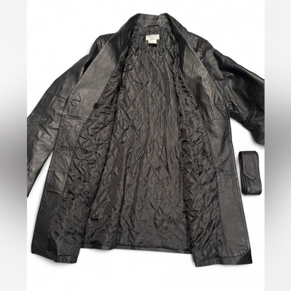 Venezia Black Trench Coat Double-Breasted Wide Lapels - Picture 4 of 6